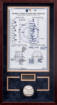 2011 Detroit Tigers at Oakland As Line Up Card From Jim Leylands 1,500th Managerial Win on 4/15/11 with OML Selig Baseball in 15x27 Shadow Box Display (MLB Authenticated)